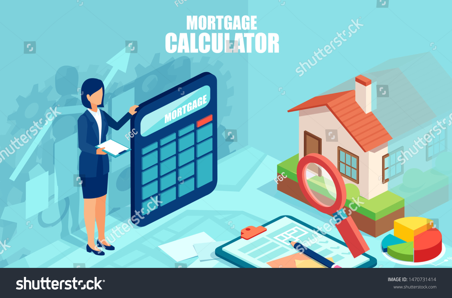 Mortgage calculator concept. Vector of a business woman banker with calculator on a background of a buyer home 