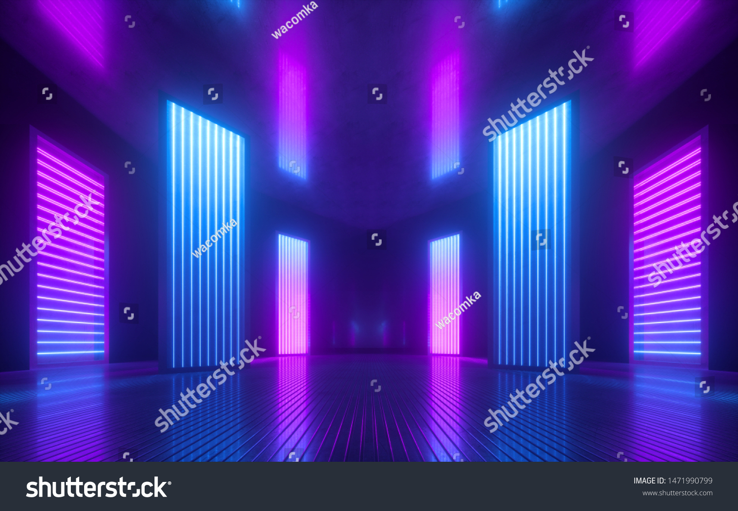 3D渲染 蓝色粉红色紫罗兰色抽象背景 紫外线灯 夜总会空房间内饰 隧道或走廊 发光面板 时尚讲台 表演舞台装饰 