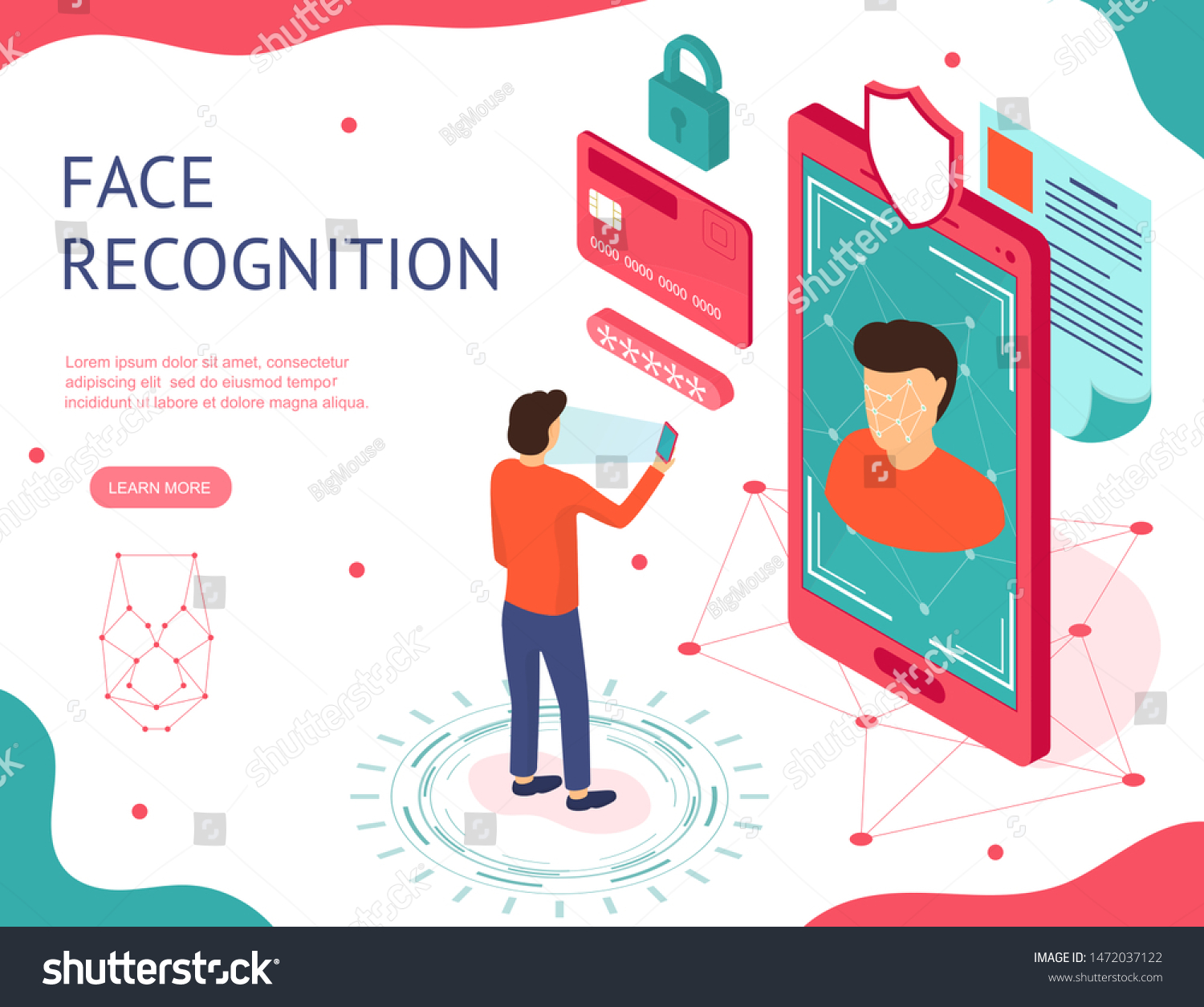 Face Recognition Concept 3d Isometric View Include of Sensor  Smartphone  Man  Lock and Credit Card. Vector illustration