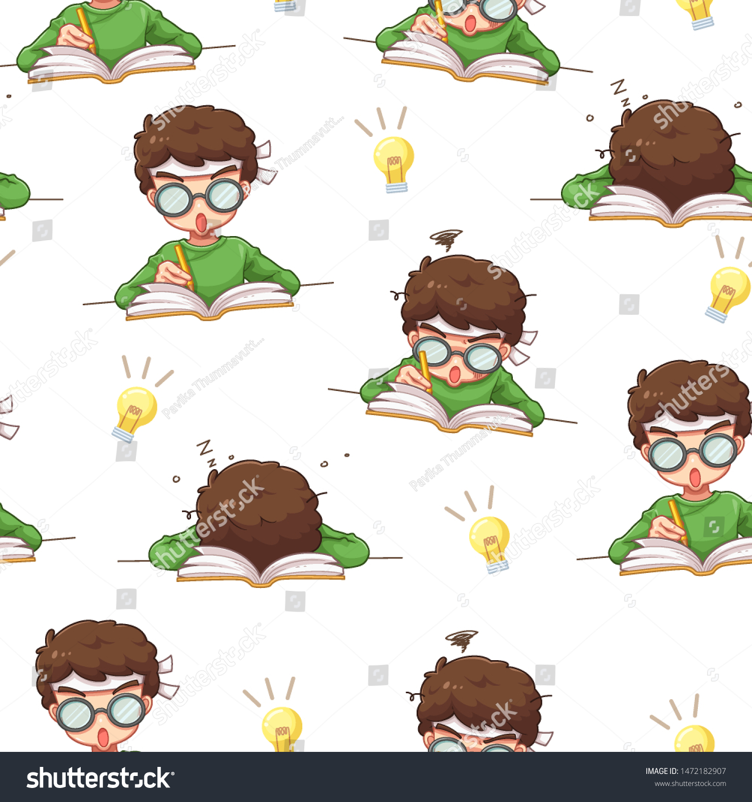 Seamless pattern of student boy on white background  Cute character cartoon - vector