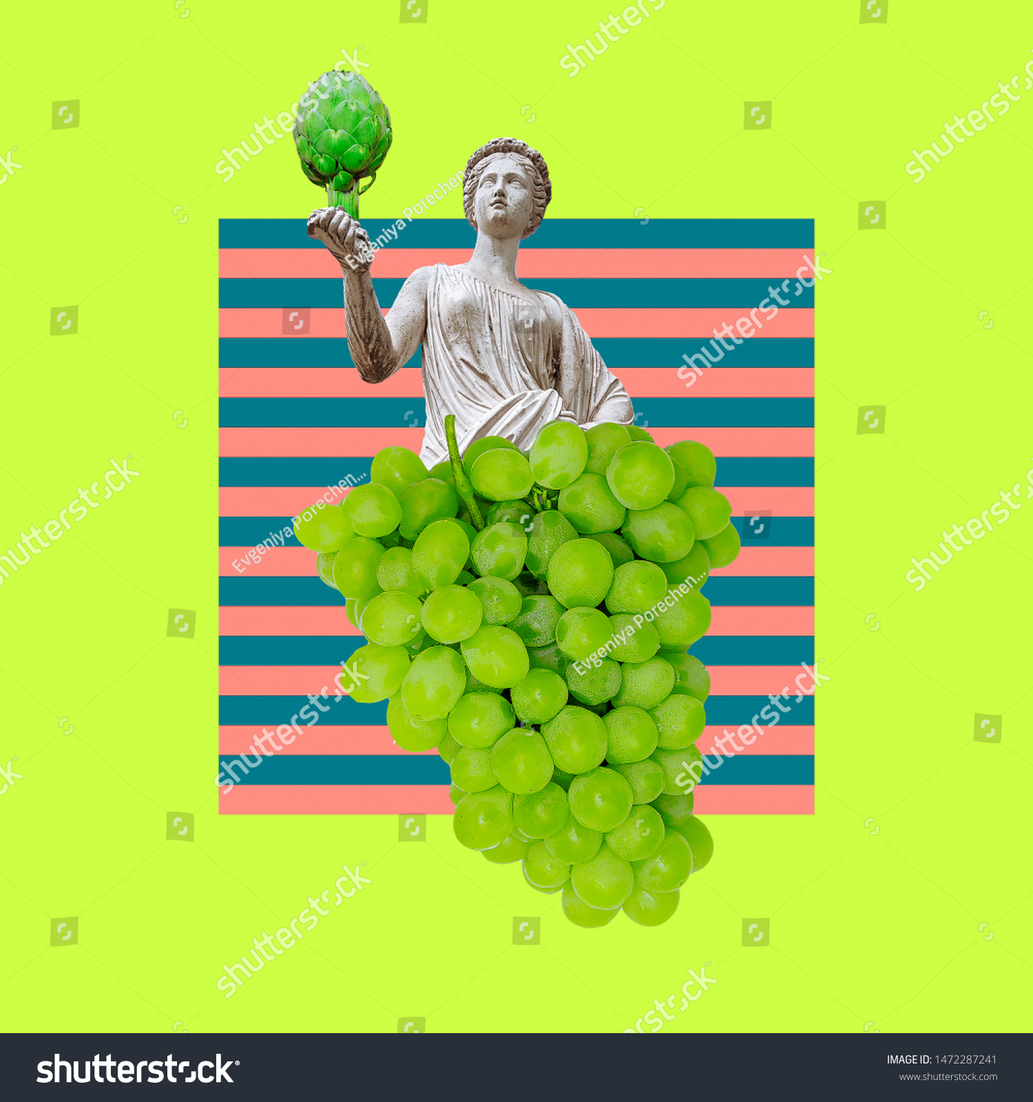 Contemporary art collage. Sculpture renaissance and fruits.  Fun art