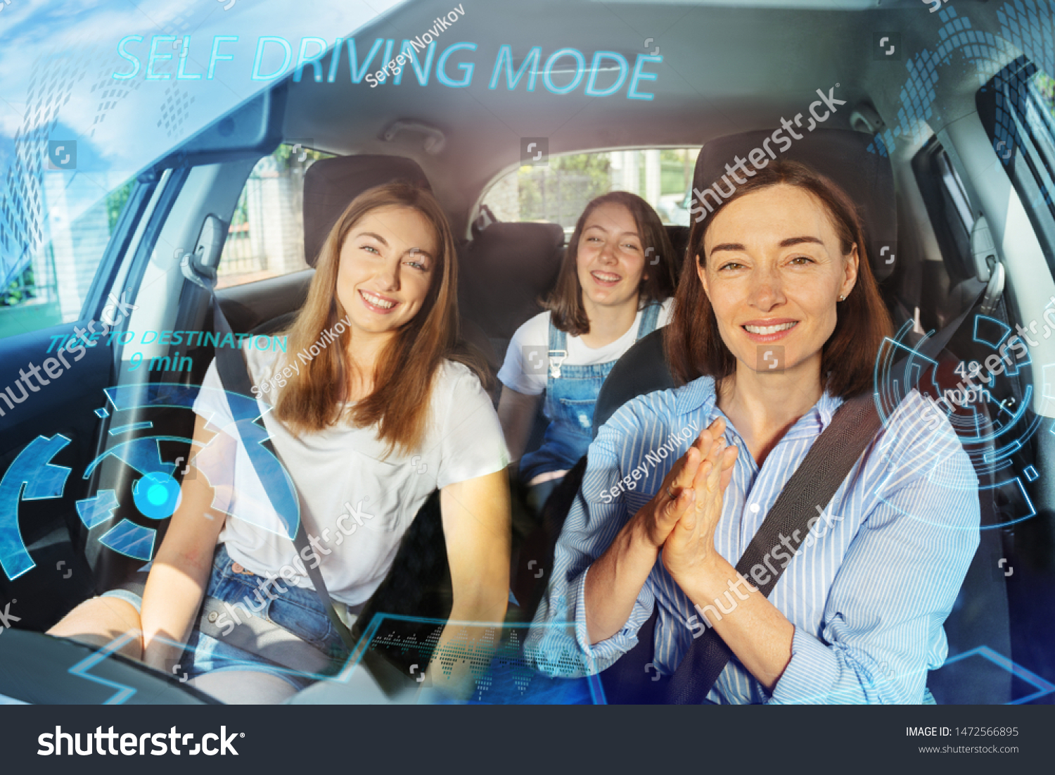 Car and family without a wheel  self driving mode