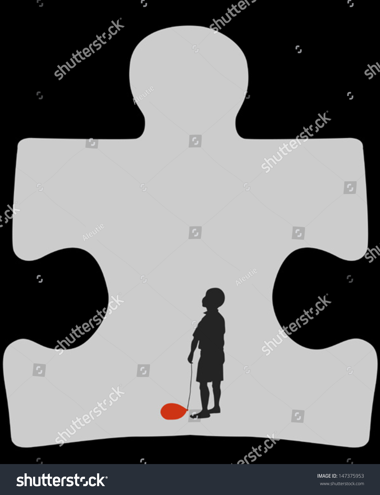 Autism cave. Silhouette of autistic child with a deflated red air balloon  standing in a cave in a shape of a symbol for autism 