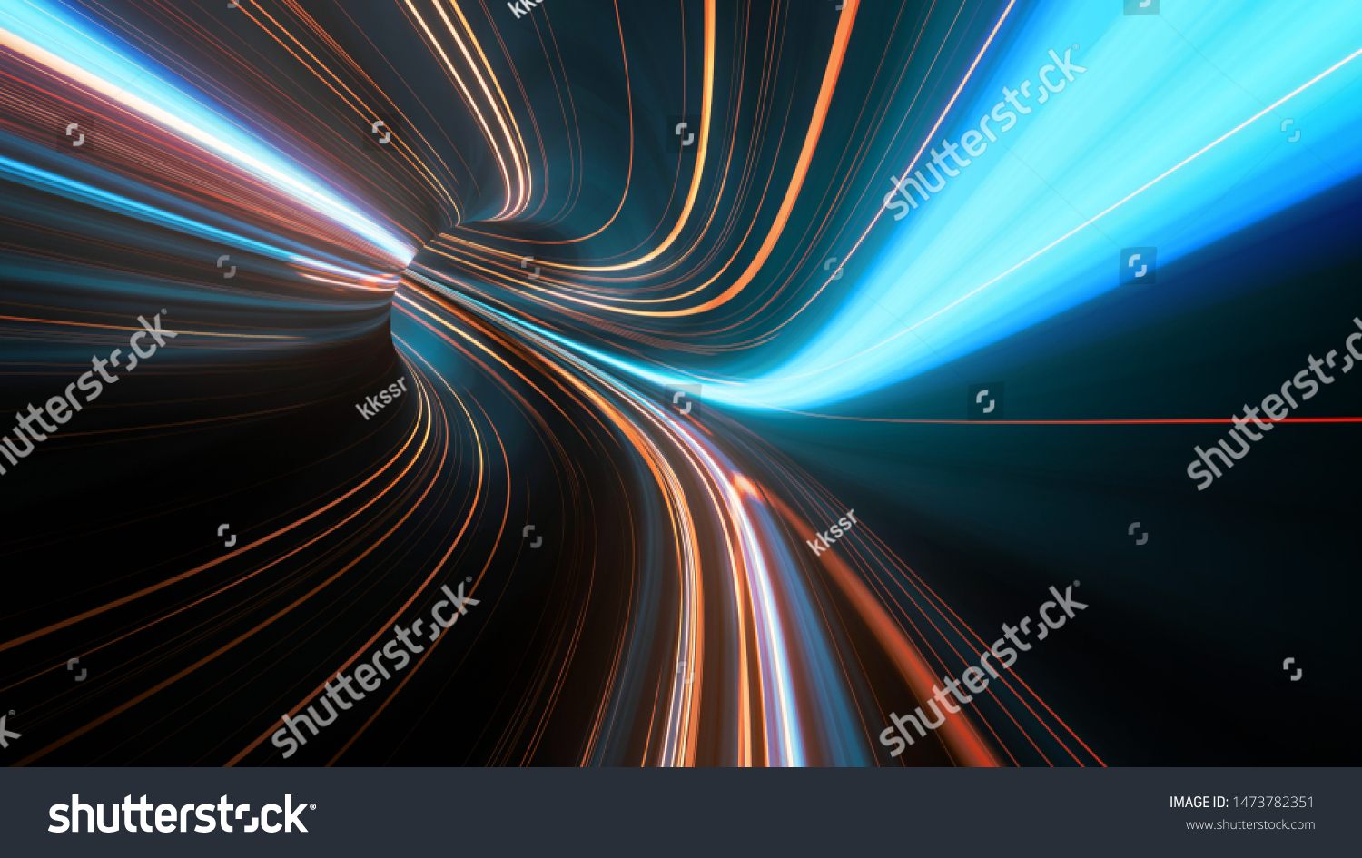 3D Rendering of abstract fast moving stripe lines with glowing sun light flare. High speed motion blur. Concept of leading in business Hi tech products warp speed wormhole science.