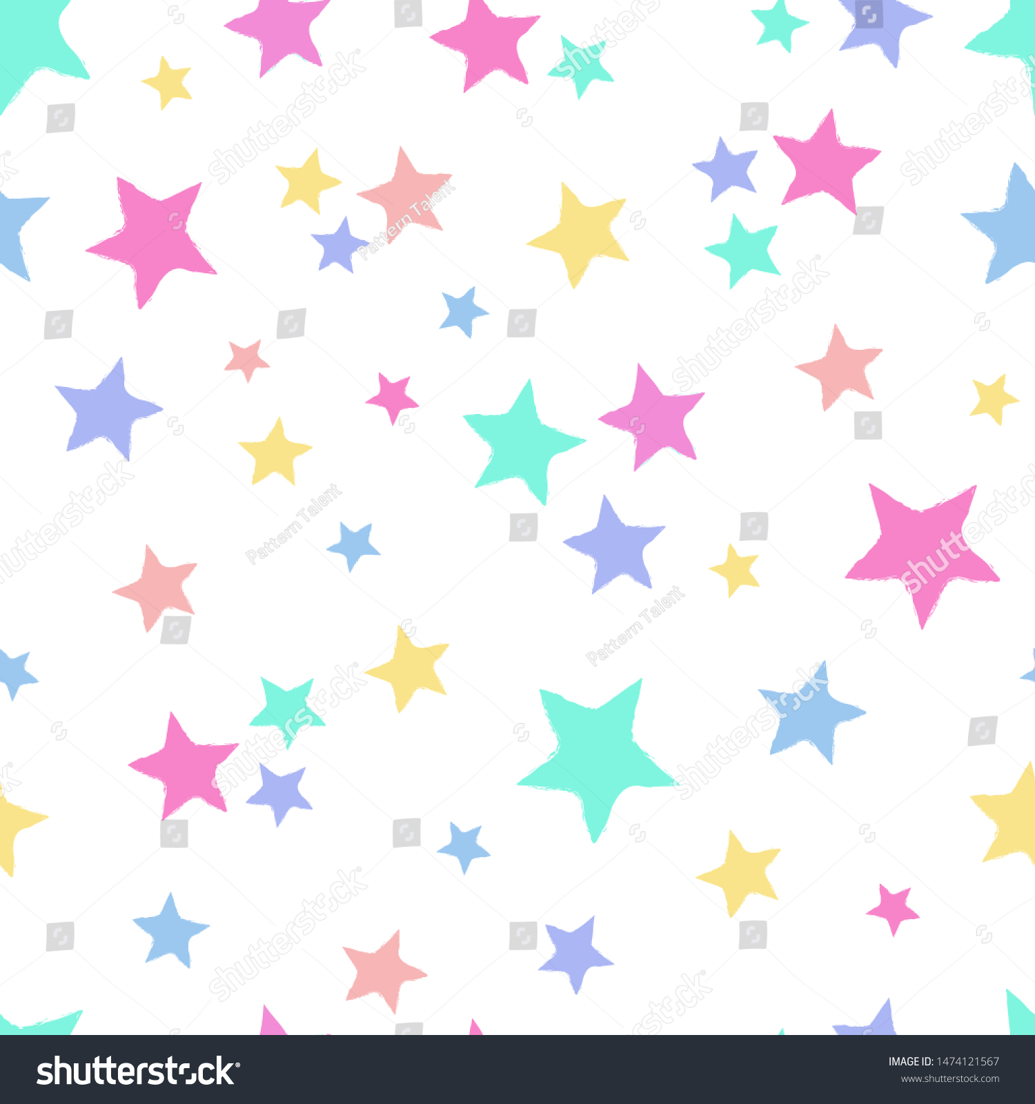 Seamless repeat pattern with tossed colorful pastel stars on a white background