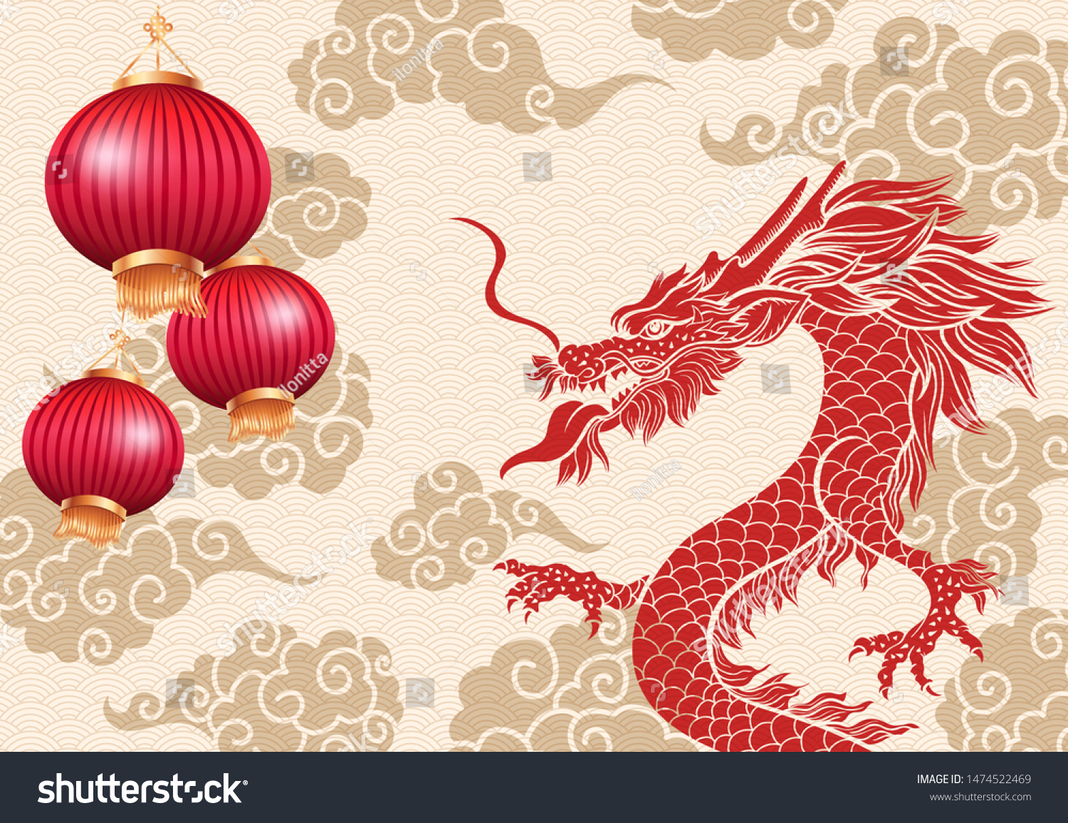 Chinese dragon vector illustration. Red serpent and hand drawn clouds with golden silhouette drawings. Mythological creature sketch banner. Chinese new year poster  horizontal postcard with lanterns
