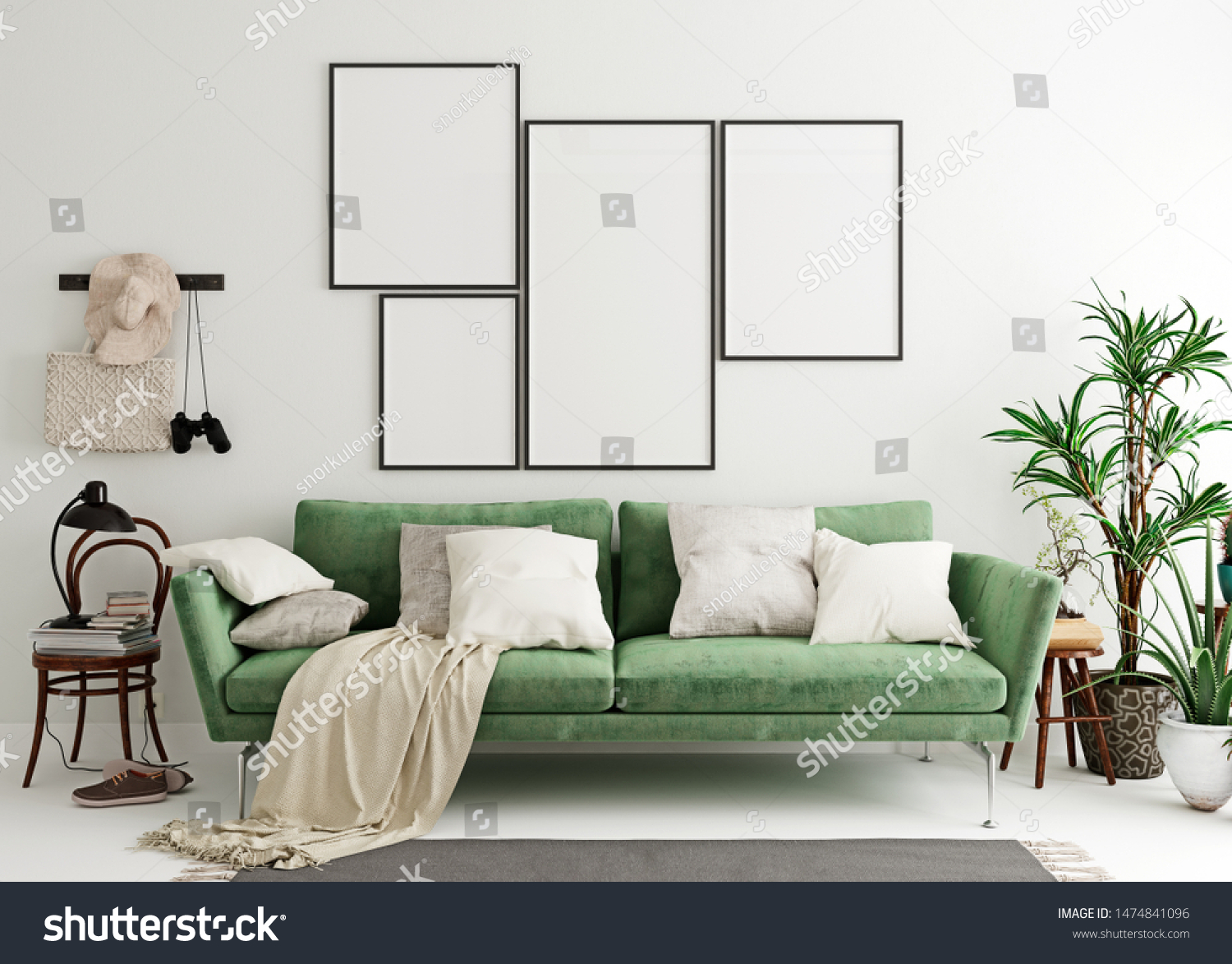 Mock up poster frame in olive green modern interior background living room Scandinavian style 3D render 3D illustration