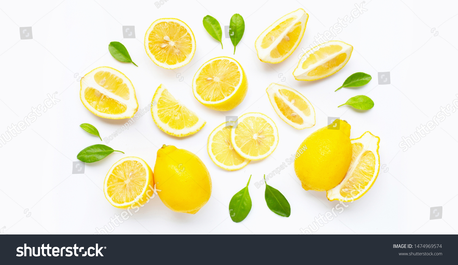 Fresh lemon and  slices  with leaves isolated on white background.