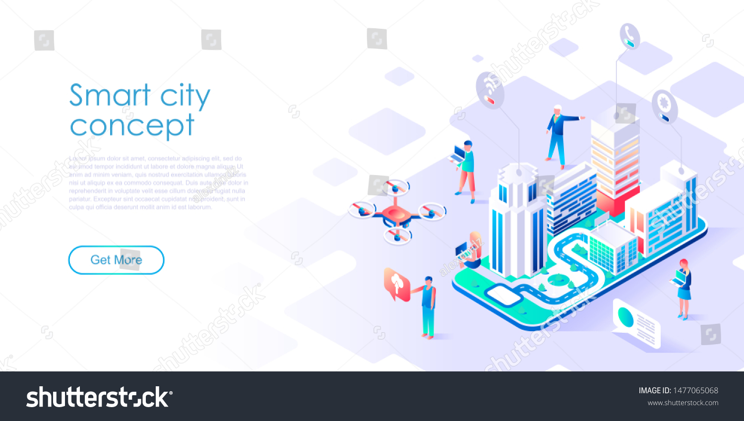 Modern flat design isometric concept of Smart City for banner and website. Isometric landing page template. Business center with skyscrapers  streets of the city connected roads. Vector illustration.