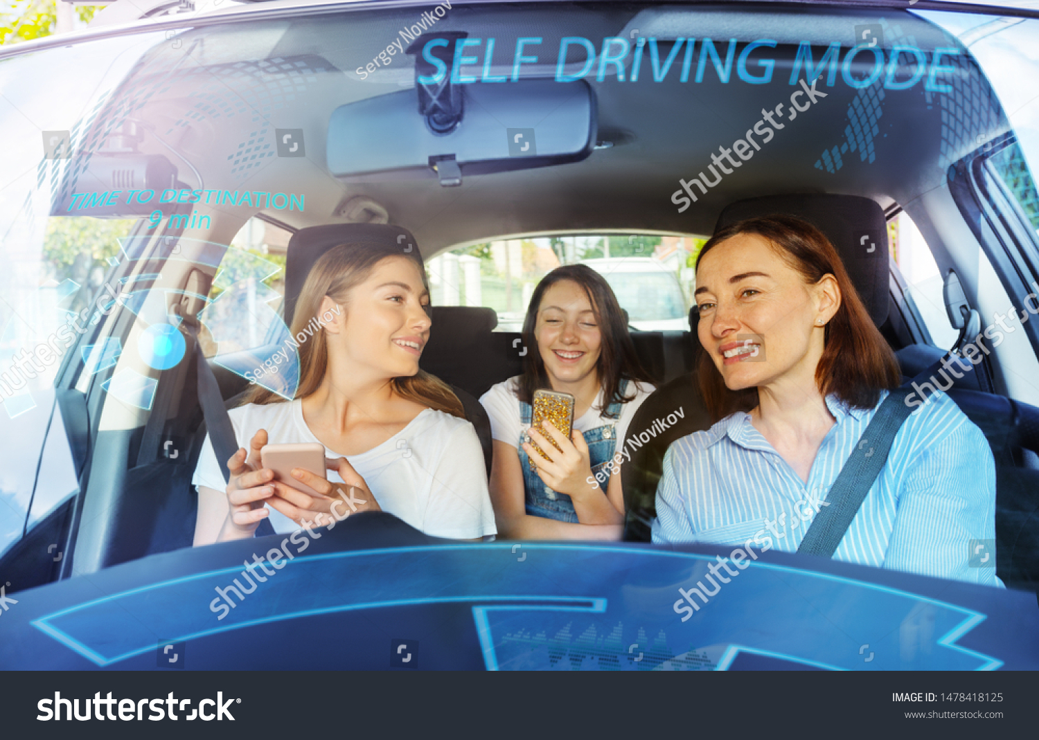 Family happy in self driving car without a wheel