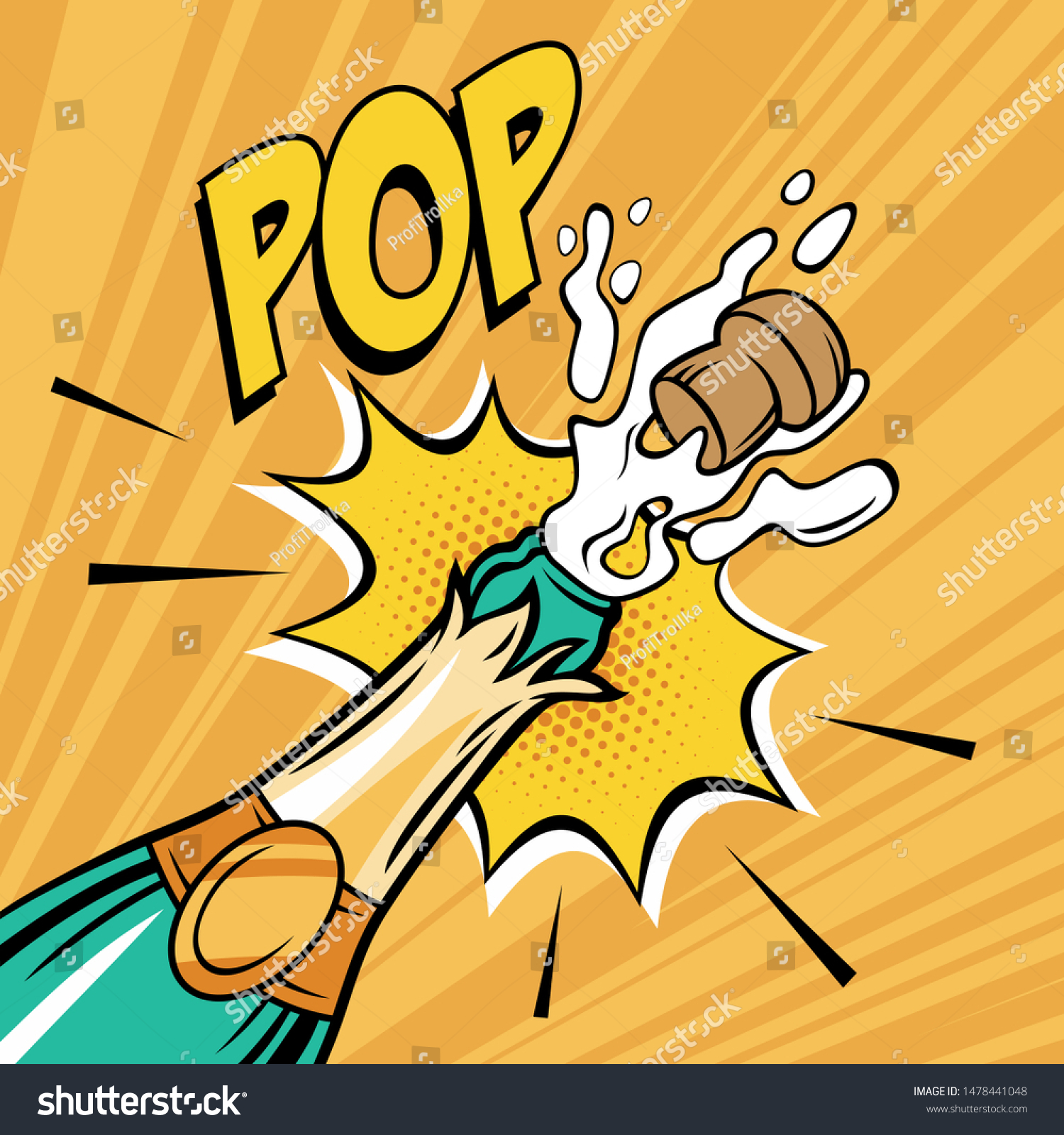 Champagne cork popping vector illustration. Alcohol drink pop art style.