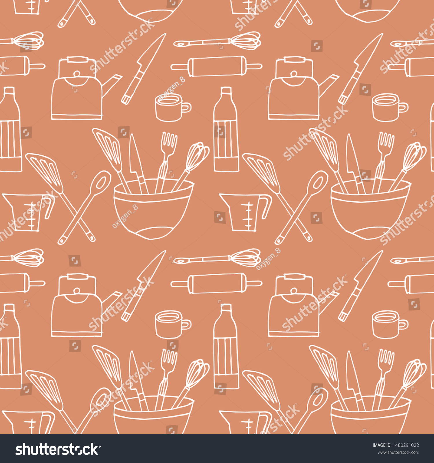 Vector hand drawing engraving seamless pattern with kitchenware tools
