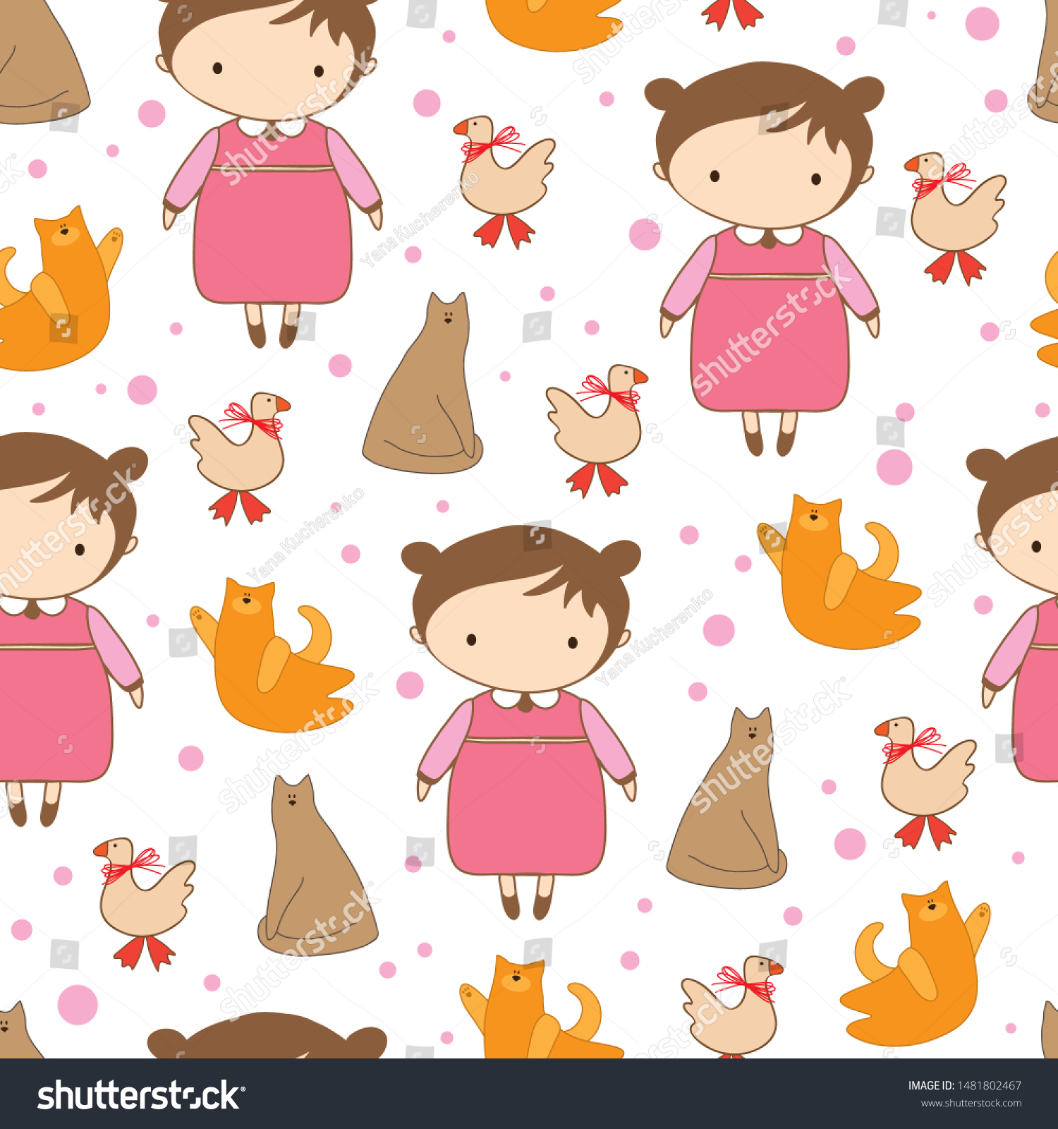Cute girl and cats with birds on a seamless background for childish design
