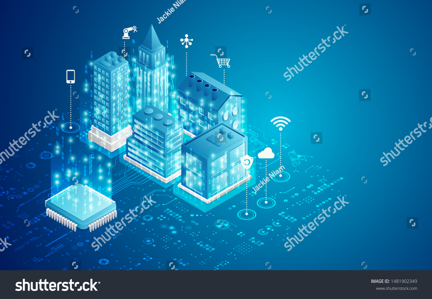 concept of smart city  microchip with buildings and electronic pattern in isometric