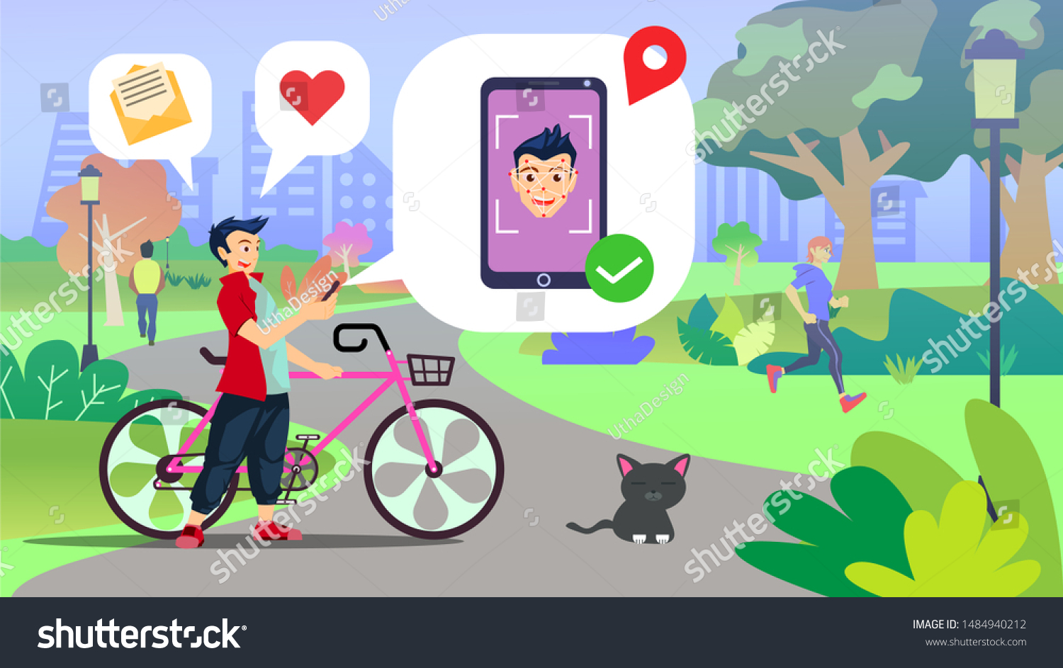 Guy using face recognition technology to unlock his smartphone with city park background  Suitable for landing page  ui  web  App intro card  editorial  banner 