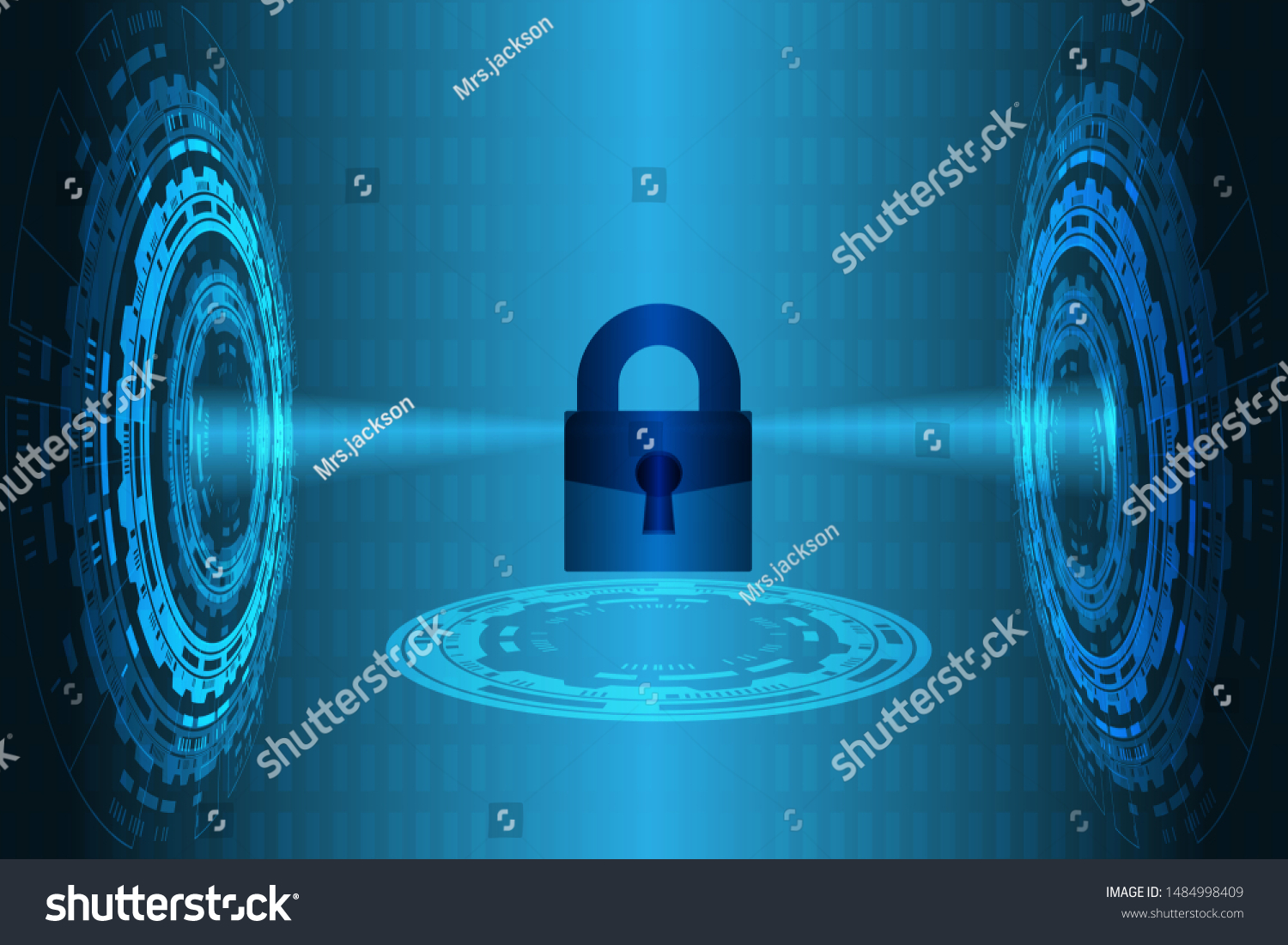 Cyber security concept: Shield With Keyhole icon on digital data background. Illustrates cyber data security or information privacy idea. Blue abstract hi speed internet technology.