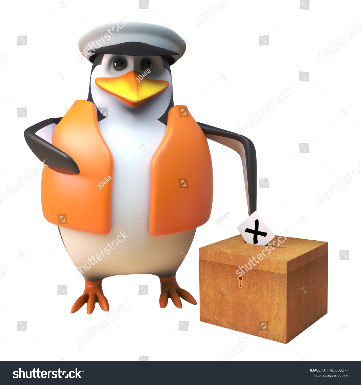 3d penguin sailor captain character casting his vote in the election 3d illustration render