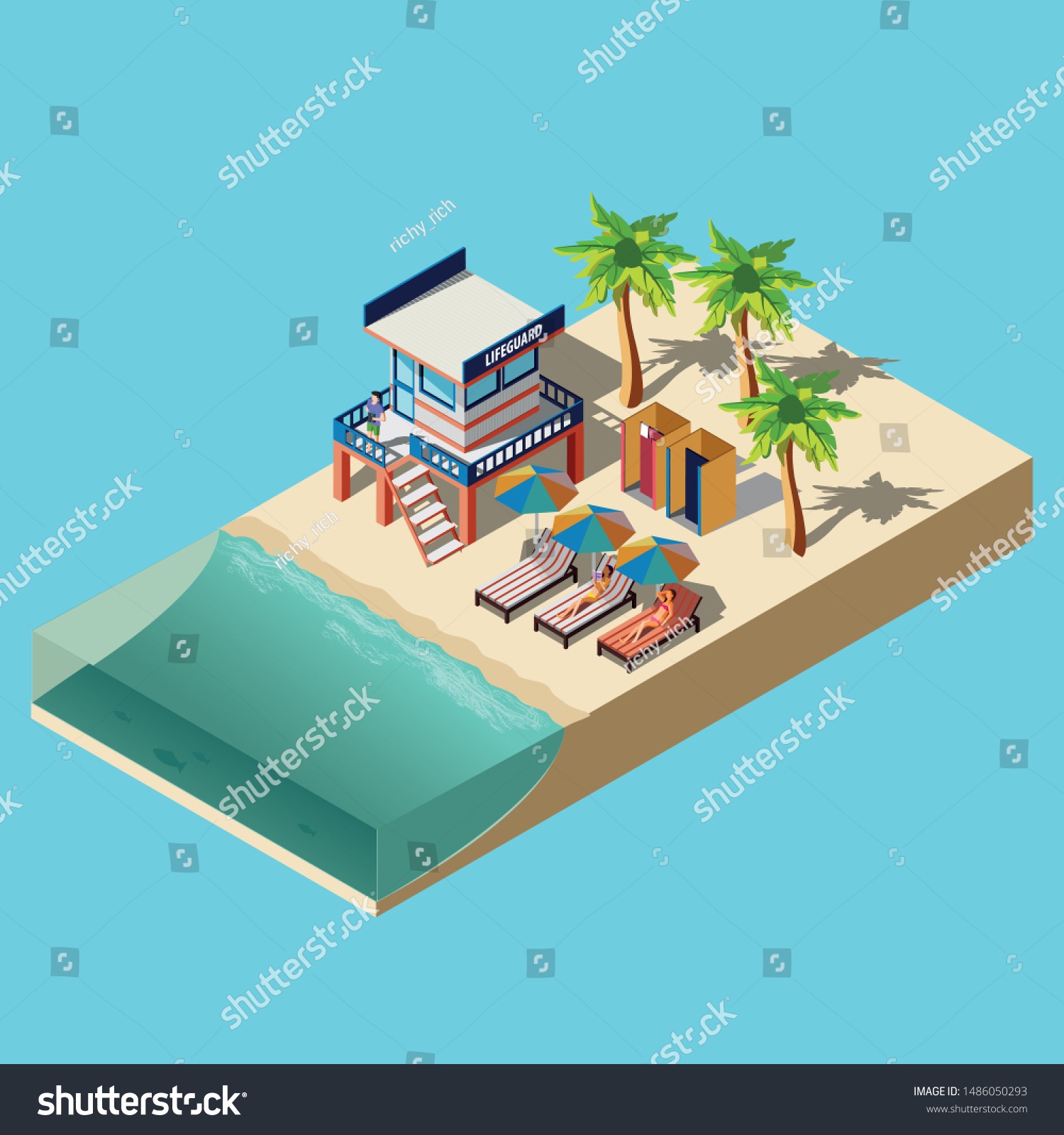 the girls lie on the beach in the sun loungers on the sea under the palm trees and with a lifeguard booth. isometric summer vector illustration