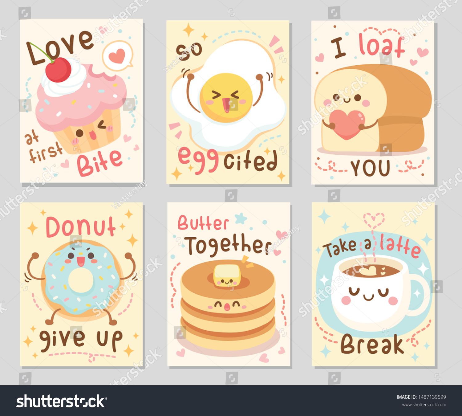 I bake you funny food quotes. Here are bakery full of love and fun. Sayings Love at first bite  I loaf you  donut give up  and more. Set of rectangle gift tag  card  postcard. Vector illustration.
