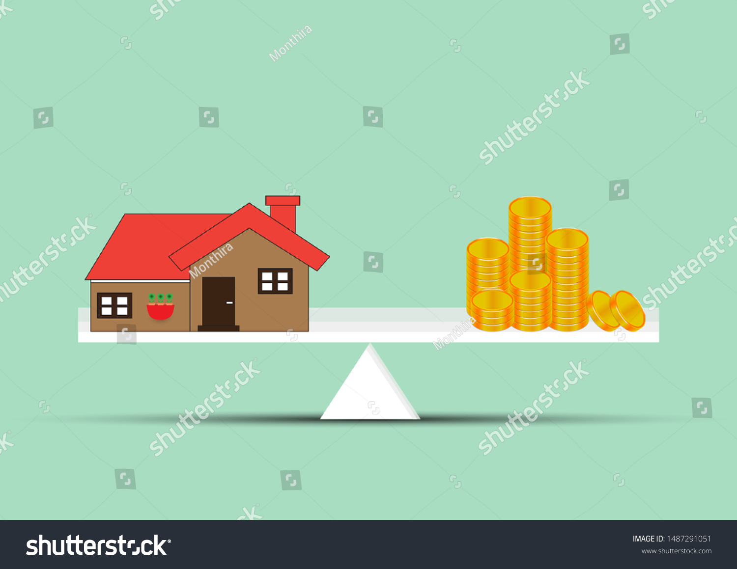 Vector illustration of Model house and gold coin money on seesaw green background  Real estate investments and Save money for prepare in future concept 