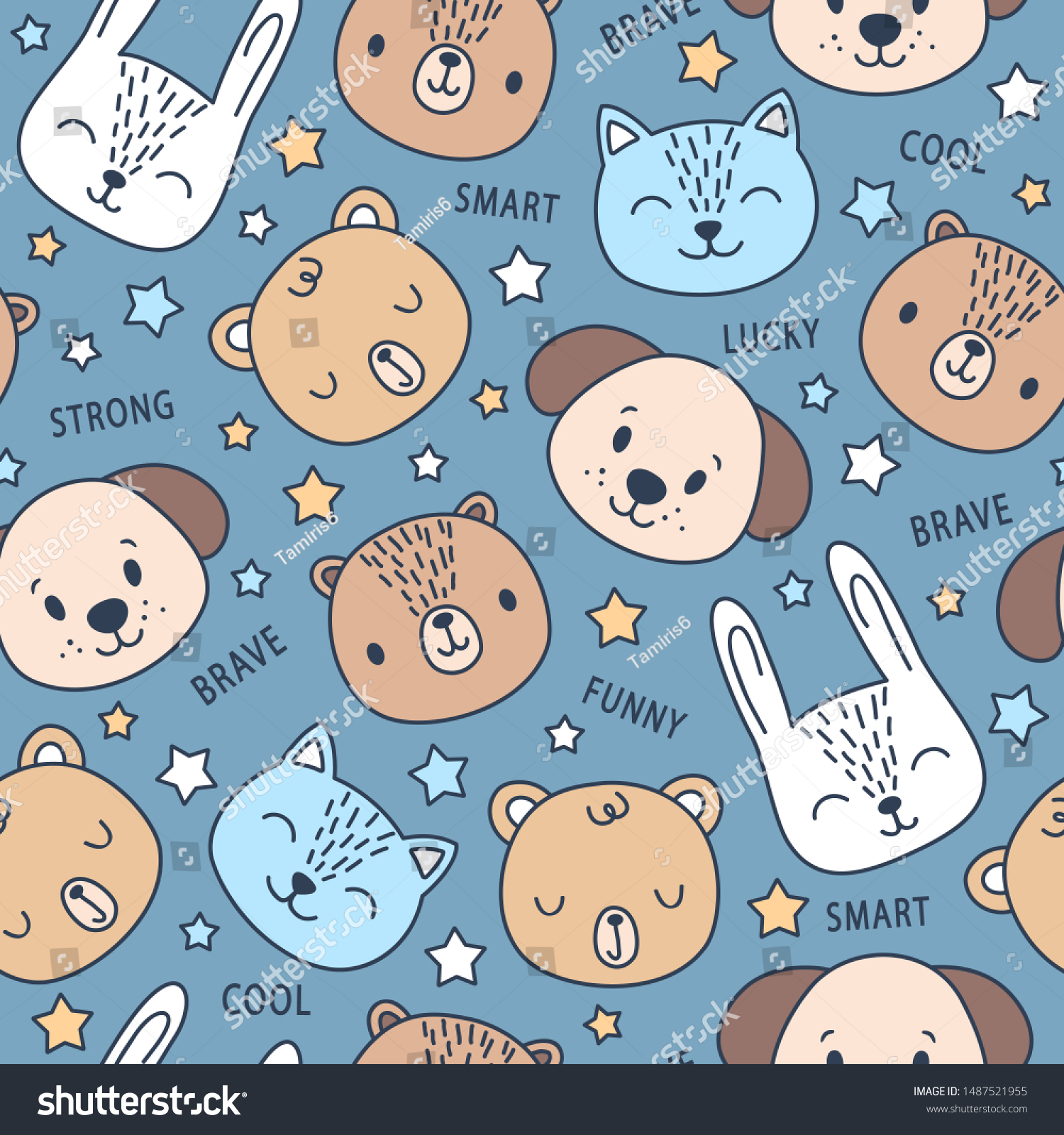 Vector seamless childish funny pattern with stars and cute cartoon animals. Colorful doodle cat  bear  rabbit and dog on blue background