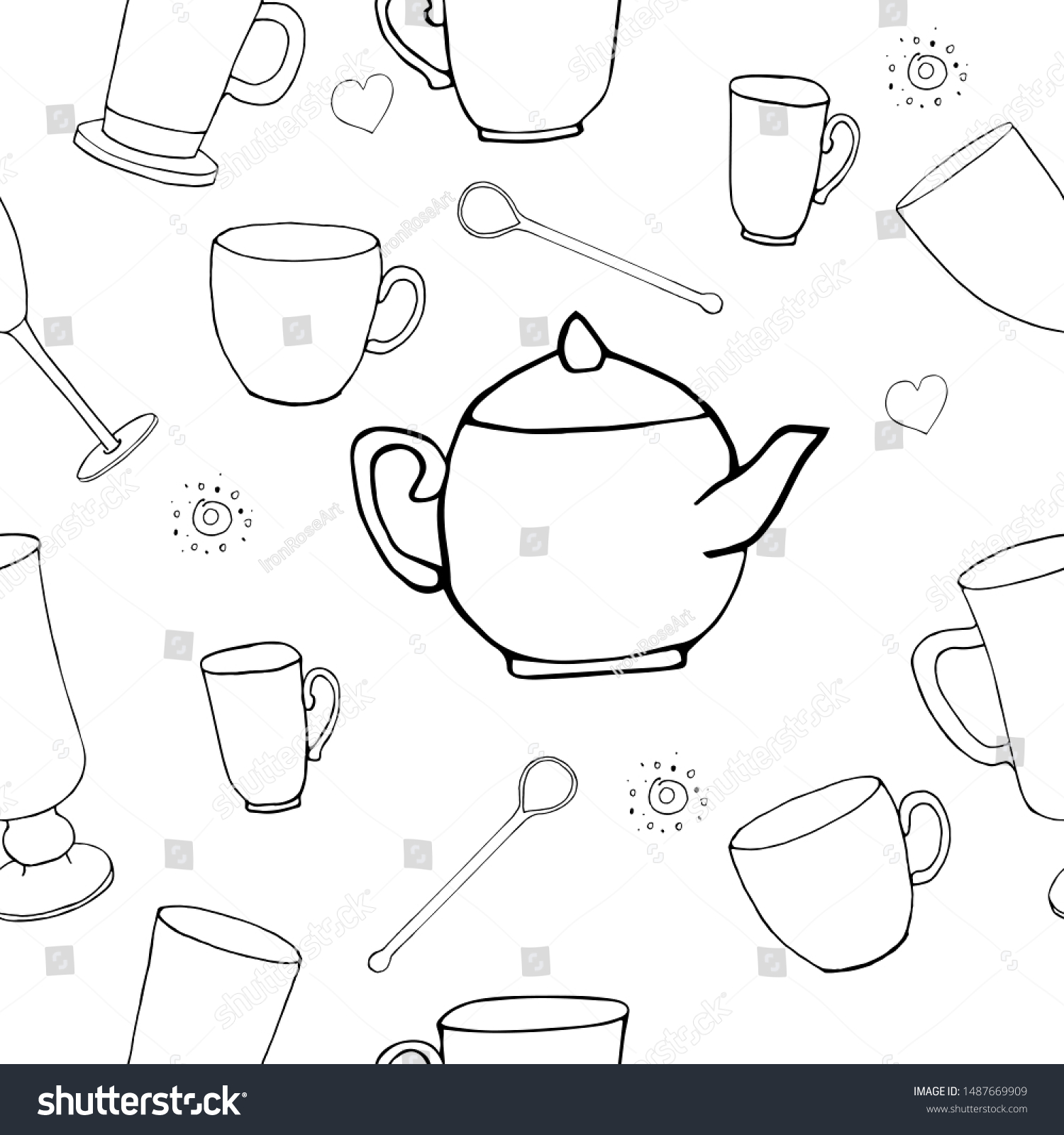 Seamless vector pattern with black and white contour kitchenware. Kitchen utensil  tableware for cafe and domestic life. Endless texture for posters  wrapping paper  cards  planners  decoration