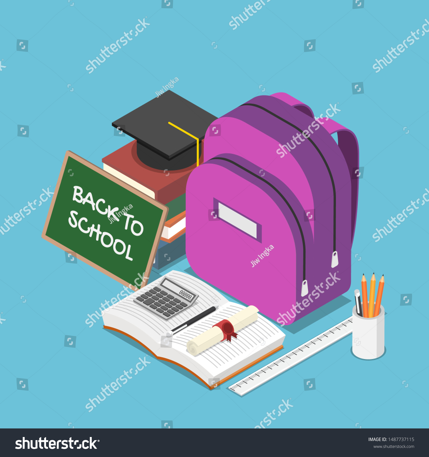 Flat 3d isometric blackboard with text back to school and a backpack  stationary  books  graduation cap. Back to school and education concept.