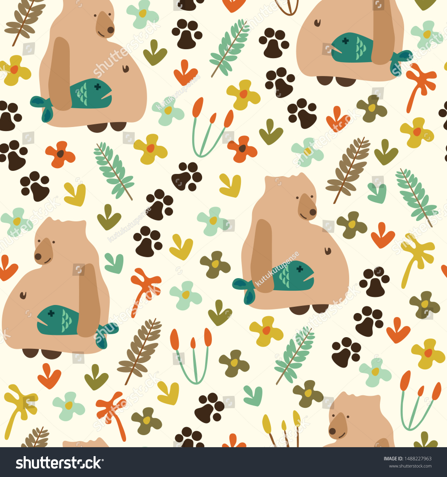 seamless repeat pattern with cute bears  fishes  flowers
