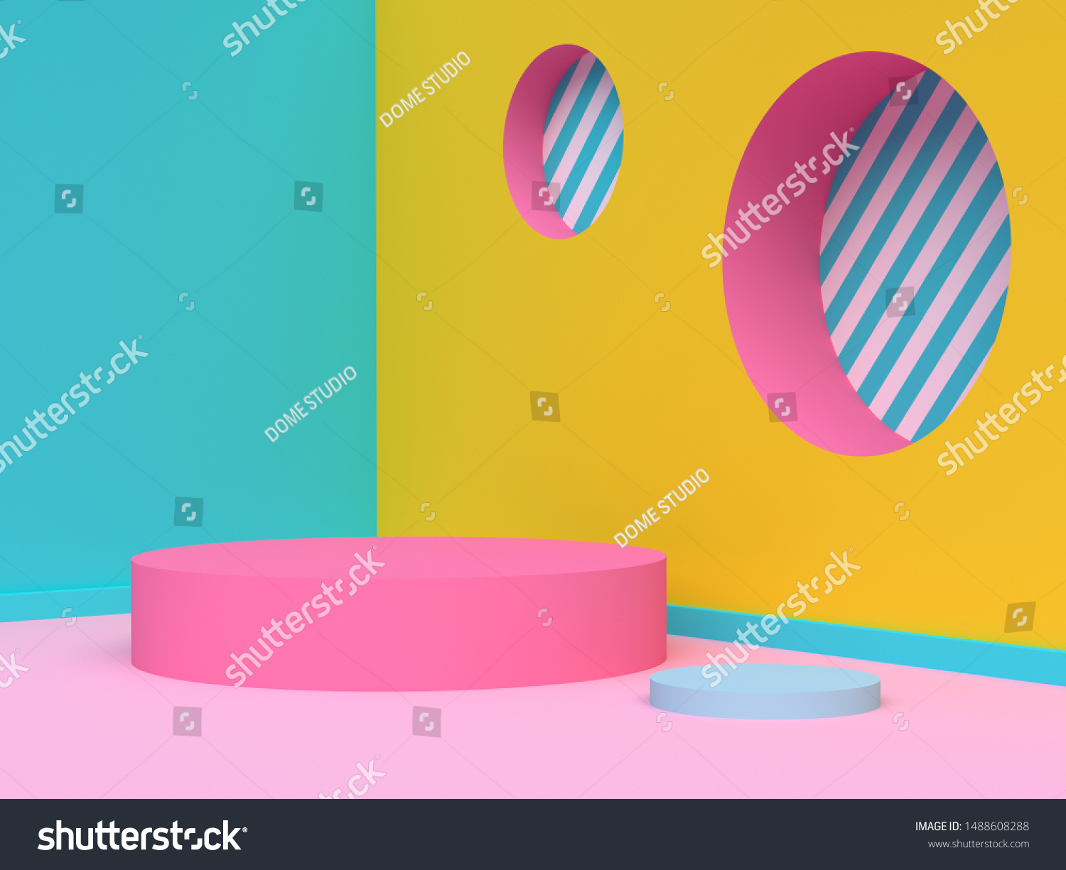 yellow green pink wall corner abstract geometric scene 3d render