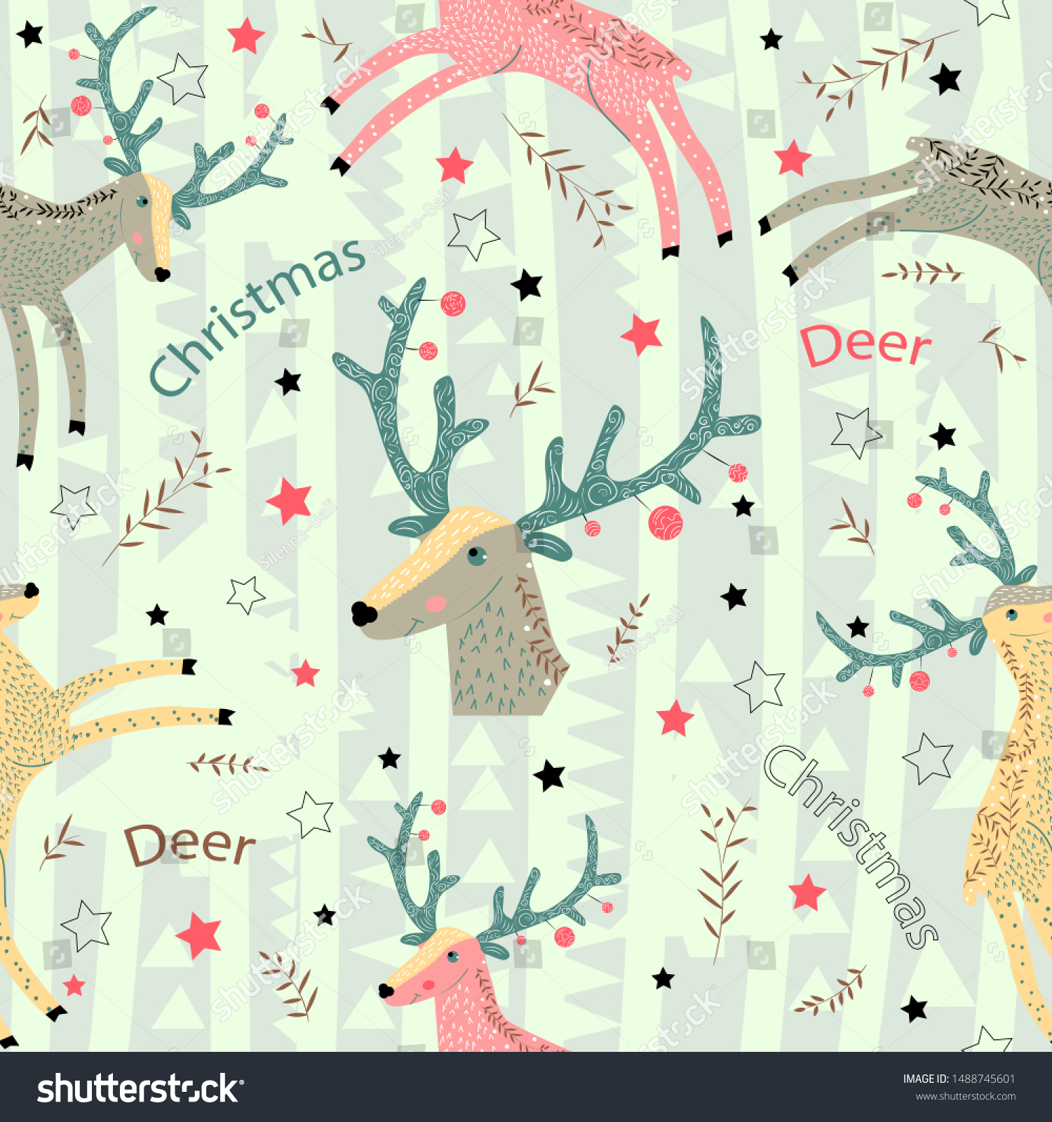 Christmas deer with blue-green horns gallops. Wild forest animals. Scandinavian style. Baby design. Seamless pattern.