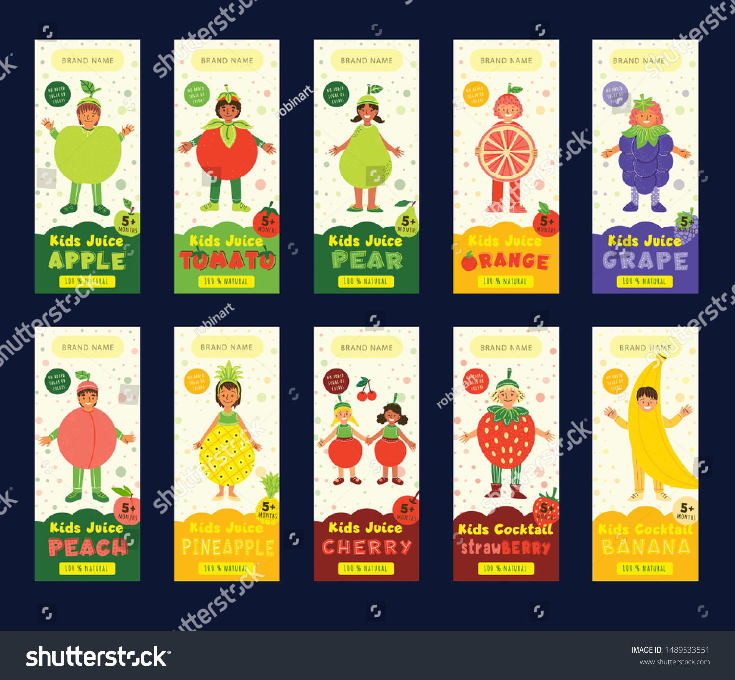 Kids fruit juice packaging vector templates set. Smiling children in fruits costumes cartoon character. Tasty beverage for kids illustrations collection. Colorful label for natural drink advertising