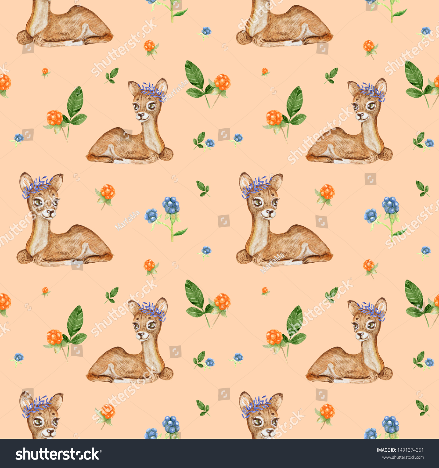 Watercolor lovely seamless pattern with cute deer and flowers. Awesome background in bright colors. Deer and autumn orange leaves berries peach background. baby textile fabric wrapping paper