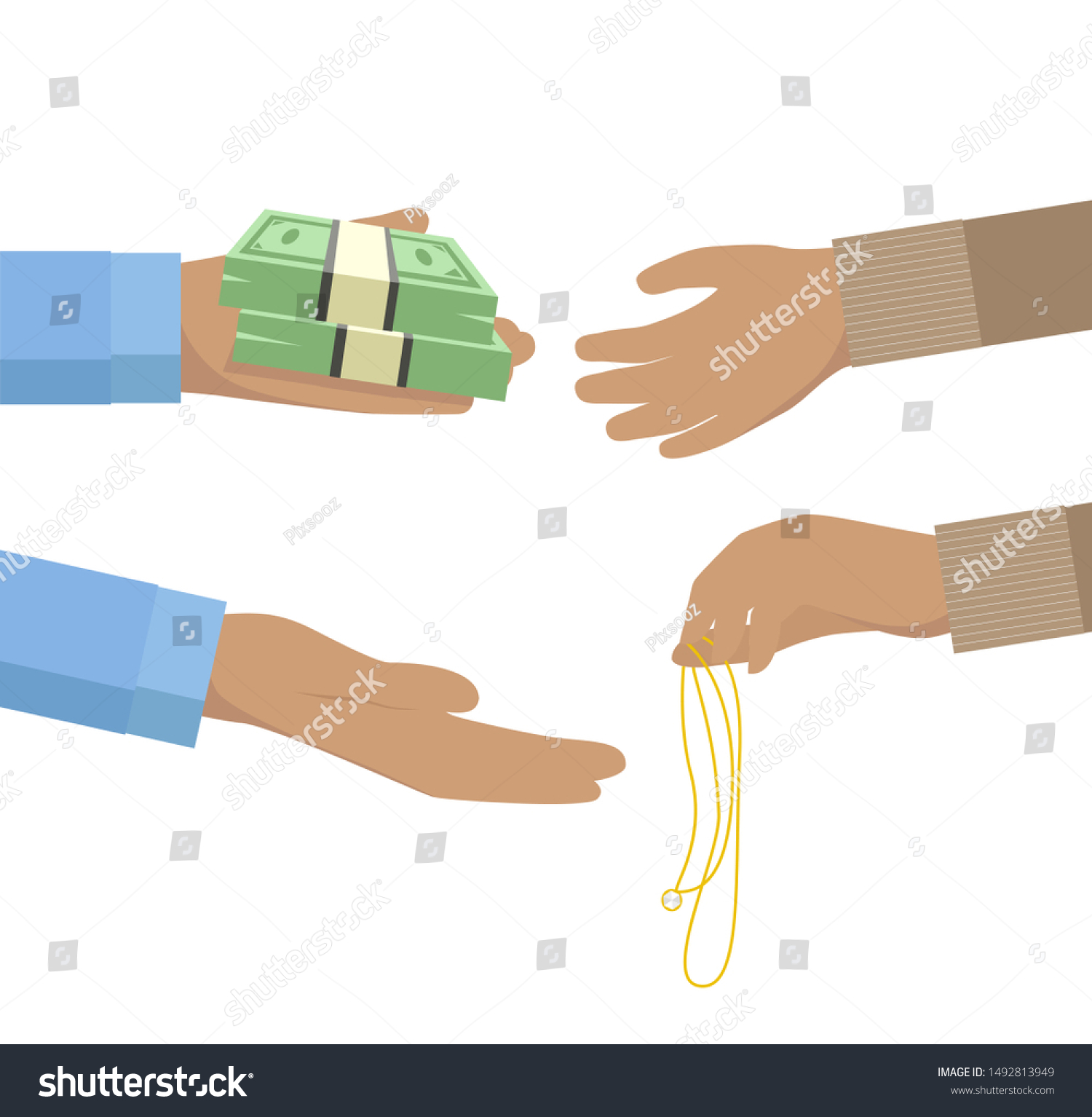 Pawnbroker hand holding pile of notes and giving it to a person pawning jewellery flat icon design