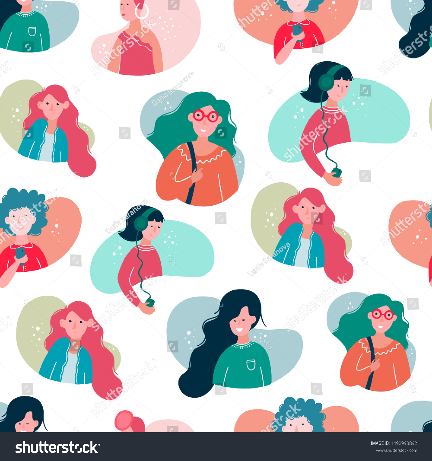 Vector seamless pattern with girl avatars  different women type  young women in cartoon style isolated on white background.
