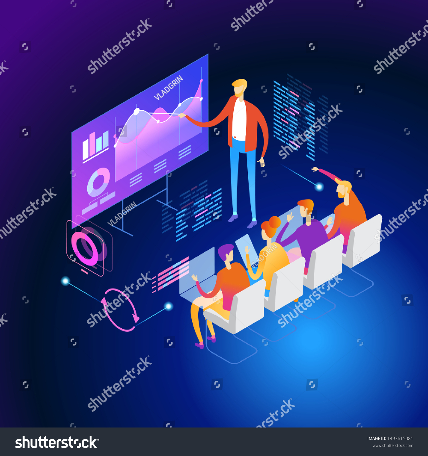 Business briefing concept. Corporate training  seminar. People team contemporary management. Flat isometric vector illustration.
