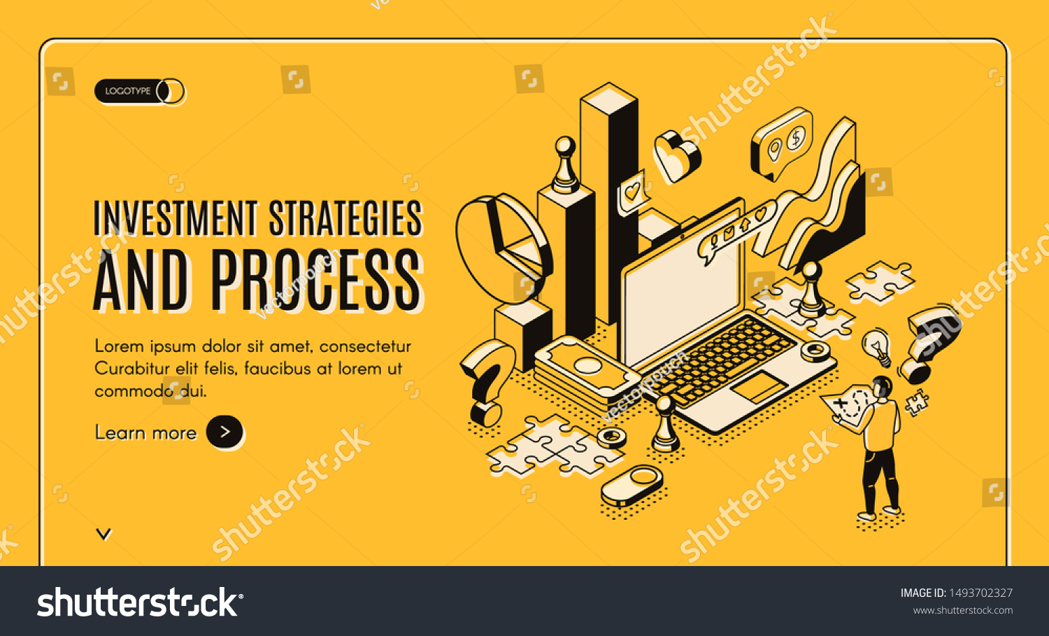 Investment strategies and process isometric web banner. Businessman stand at huge laptop with business icons and charts  financial instruments for money wealth growth 3d vector landing page  line art