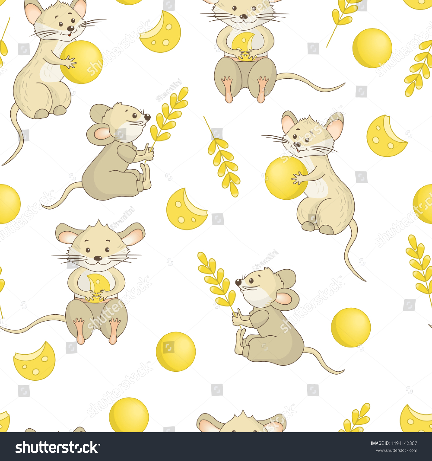 Seamless pattern with cute funny little mice with spike  ball  cheese on white background  by 2020-the year of the Mouse