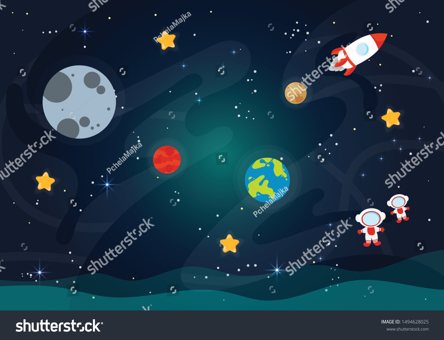 Vector Illustration Of Space. Space flat vector background with rocket  spaceship  moon  Jupiter  satellite  astronaut  planets and stars.