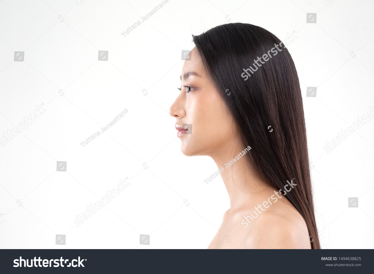 Side view of Beautiful Asian woman smile with clean and fresh skin Happiness and cheerful with positive emotional isolated on white background Beauty and Cosmetics Concept