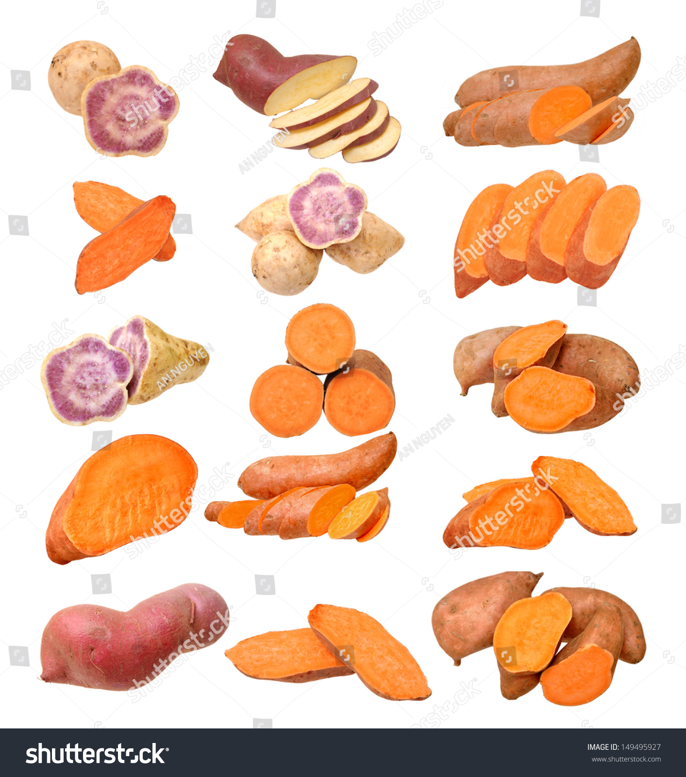 cutting purple sweet potatoes isolate on white background