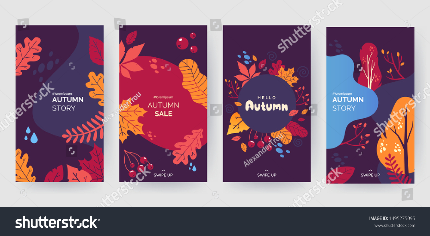 Set of abstract autumn backgrounds for social media stories. Colorful banners with autumn fallen leaves and yellowed foliage. Use for event invitation  discount voucher  advertising. Vector eps 10