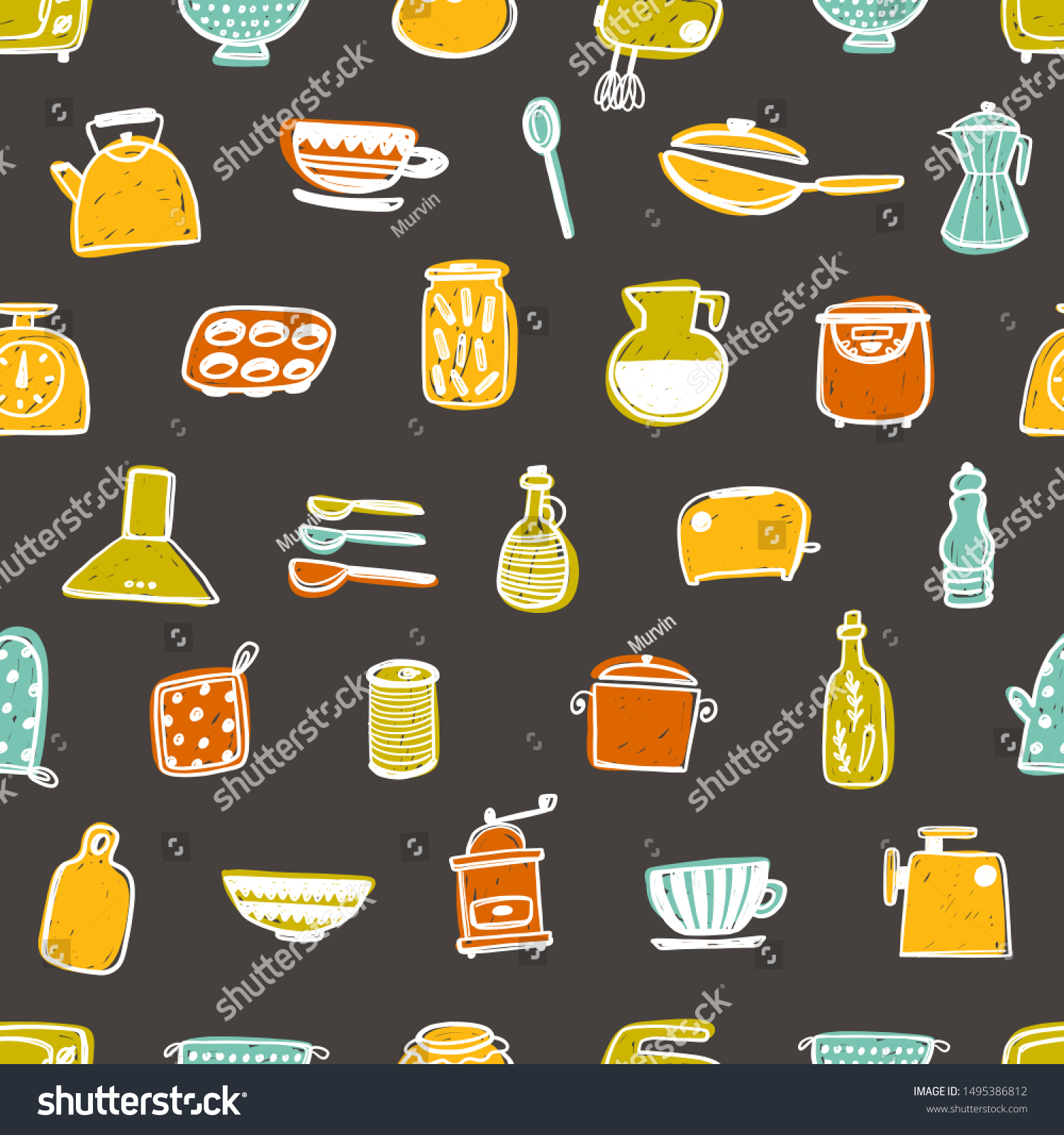 Kitchen utensils hand drawn vector seamless pattern. Saucepan  bottle  teapot and mixer on white background. Kitchen tools. Cutlery and kitchenware cartoon wrapping paper  wallpaper  textile design