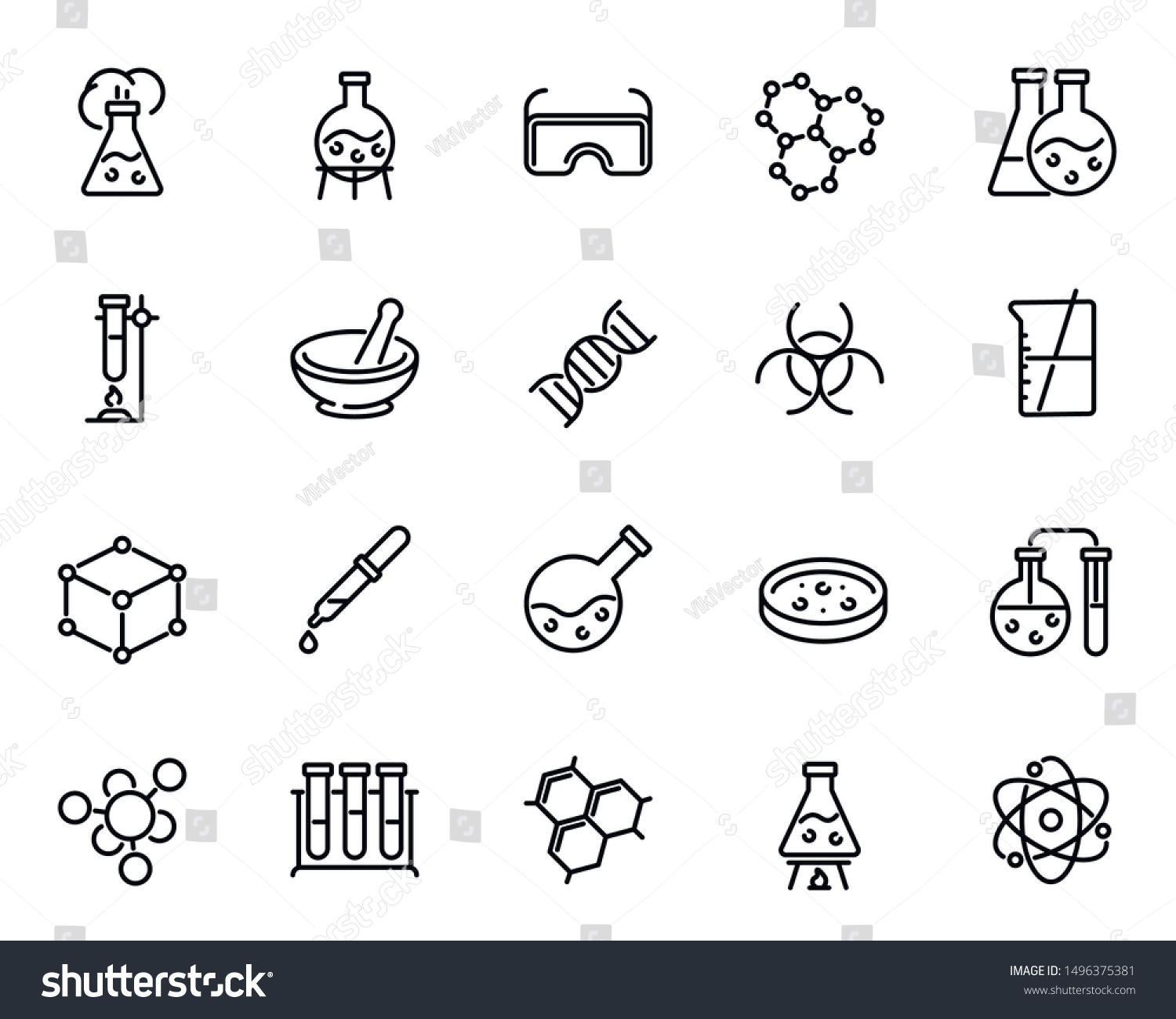Chemical lab research vector linear icons set. Scientific laboratory test and analysis thin line illustrations pack. Chemistry and biotechnology design elements. Molecules isolated cliparts collection
