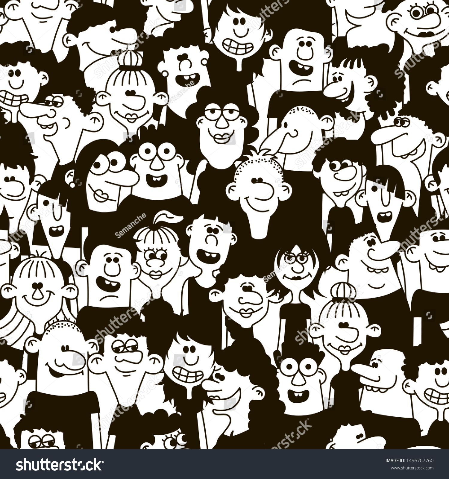 Happy people - hand drawn seamless pattern. Funny characters faces  vector illustration.
