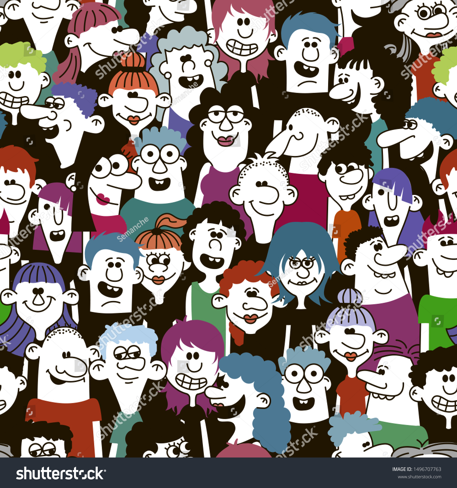 Happy people - hand drawn seamless pattern. Funny characters faces  vector illustration.