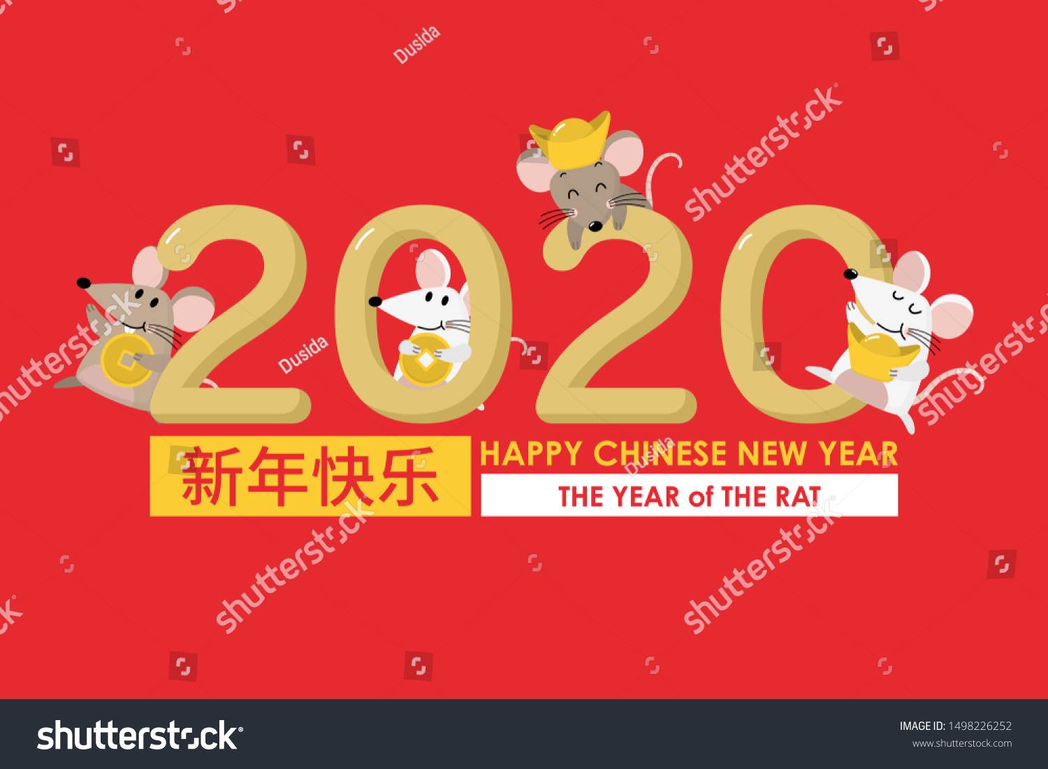 Happy Chinese new year greeting card. 2020 Rat zodiac. Cute mouse and gold money. Animal cartoon character set. Translate: Happy new year. -Vector