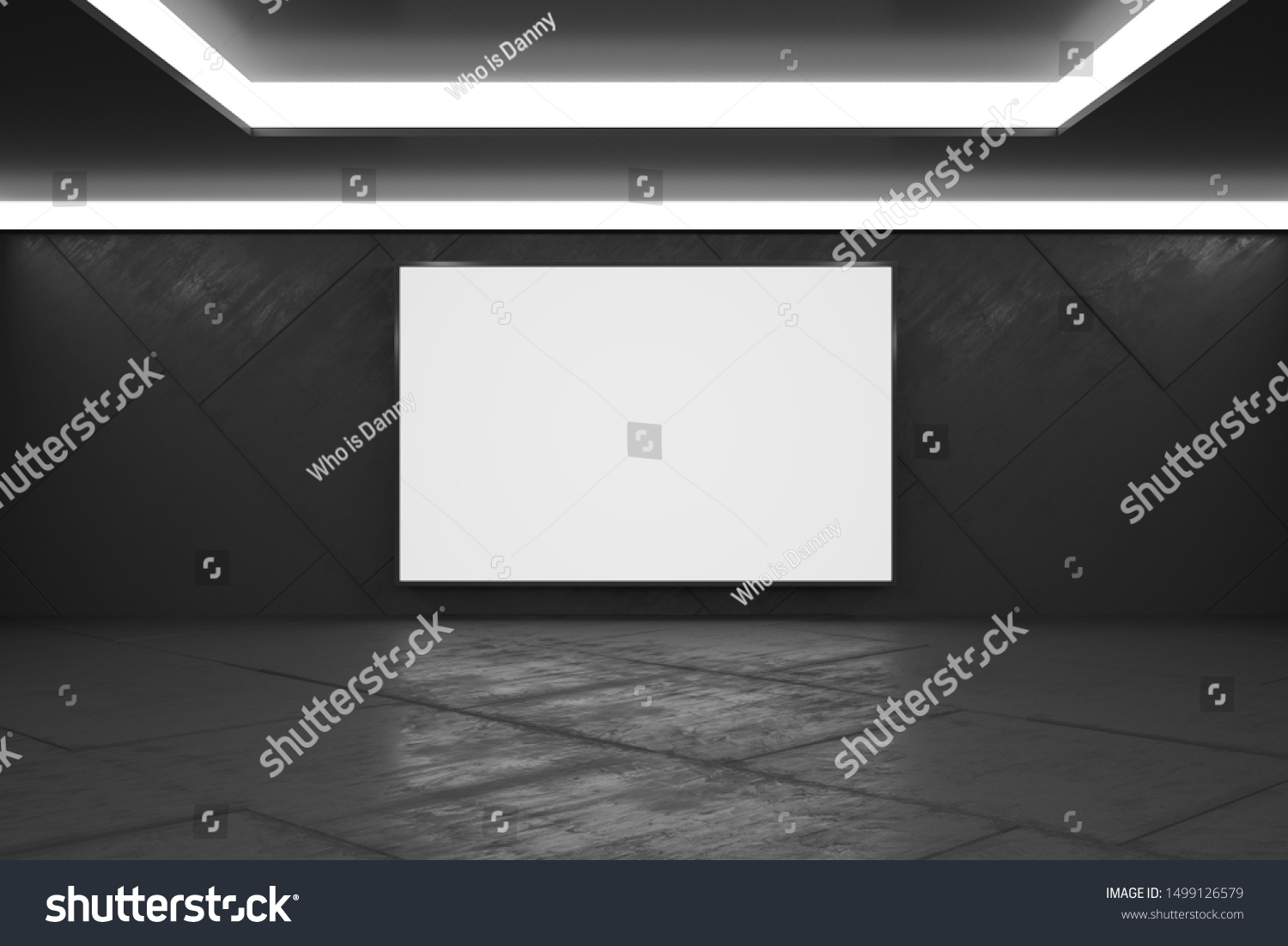 Blank white poster in monochrome style empty exhibition hall with concrete floor mock up. 3D Rendering