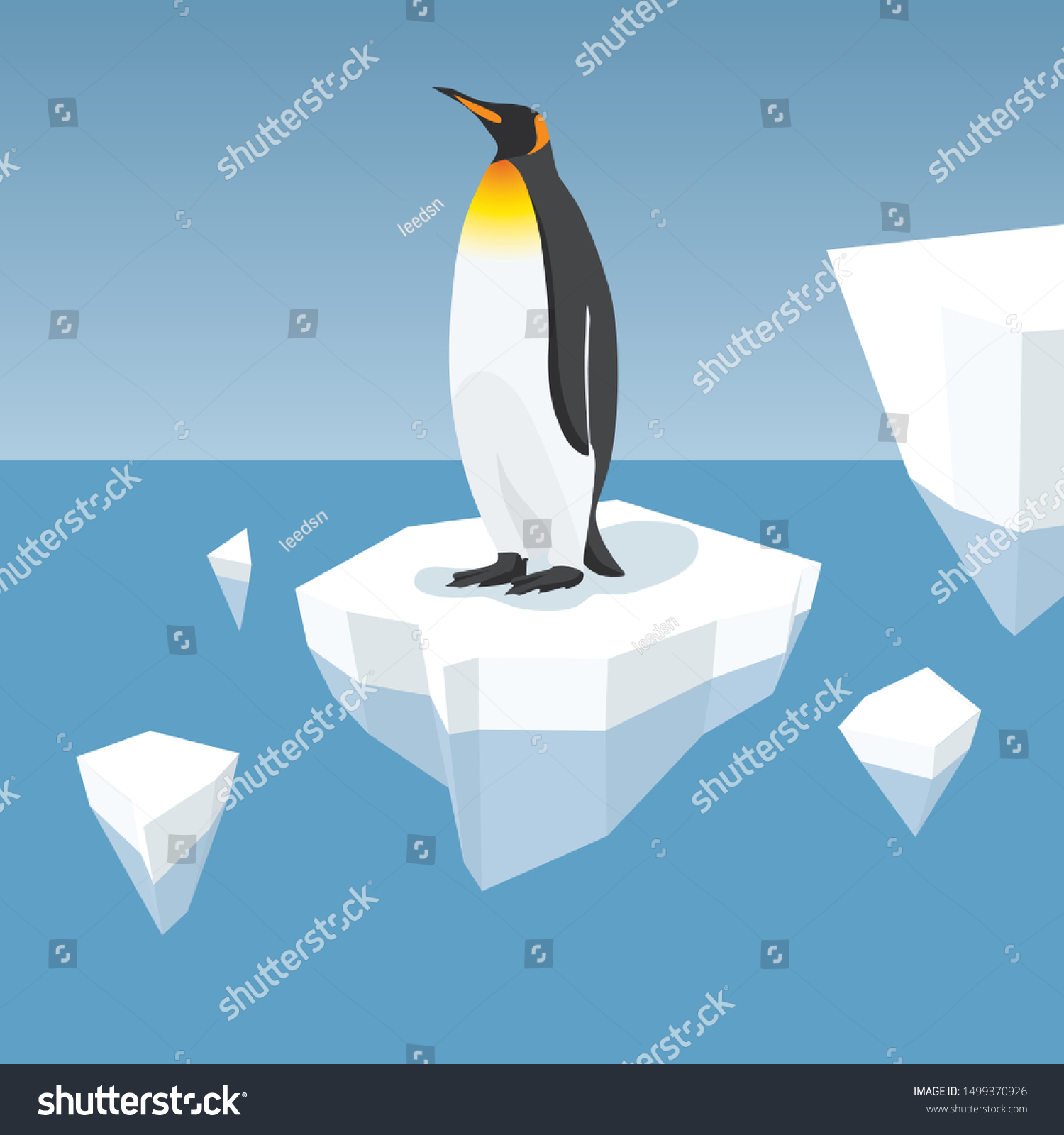 Vector Flat Isometric Global Warming Illustration. Melting Iceberg And Penguin. Effect Of Global Warming In Nature. Conceptual Image Of Melting Glacier With King Penguin In Deep Blue Water