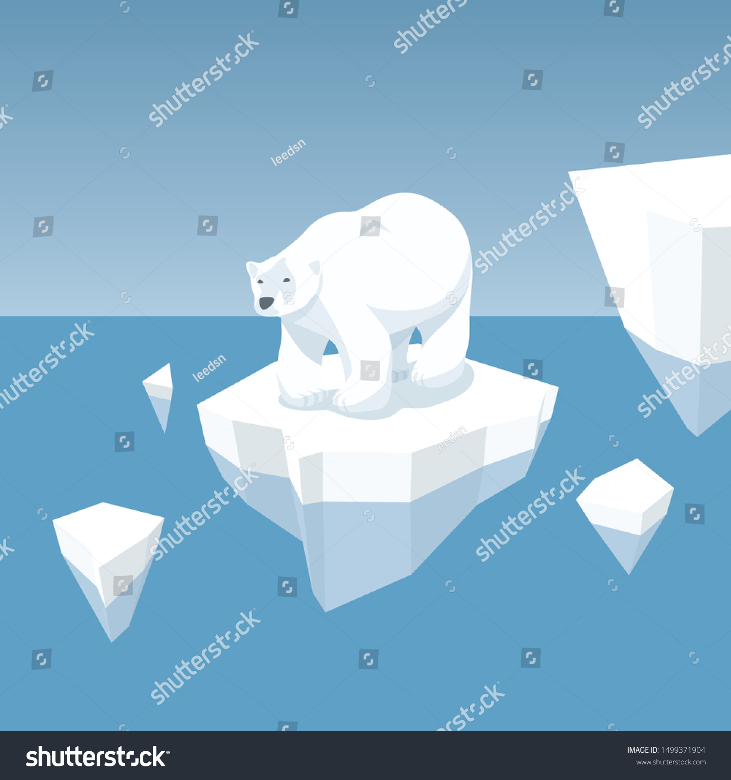 Vector Flat Isometric Global Warming Illustration. Melting Iceberg And White Bear. Effect Of Global Warming In Nature. Conceptual Image Of Melting Glacier With Polar Bear In Deep Blue Water