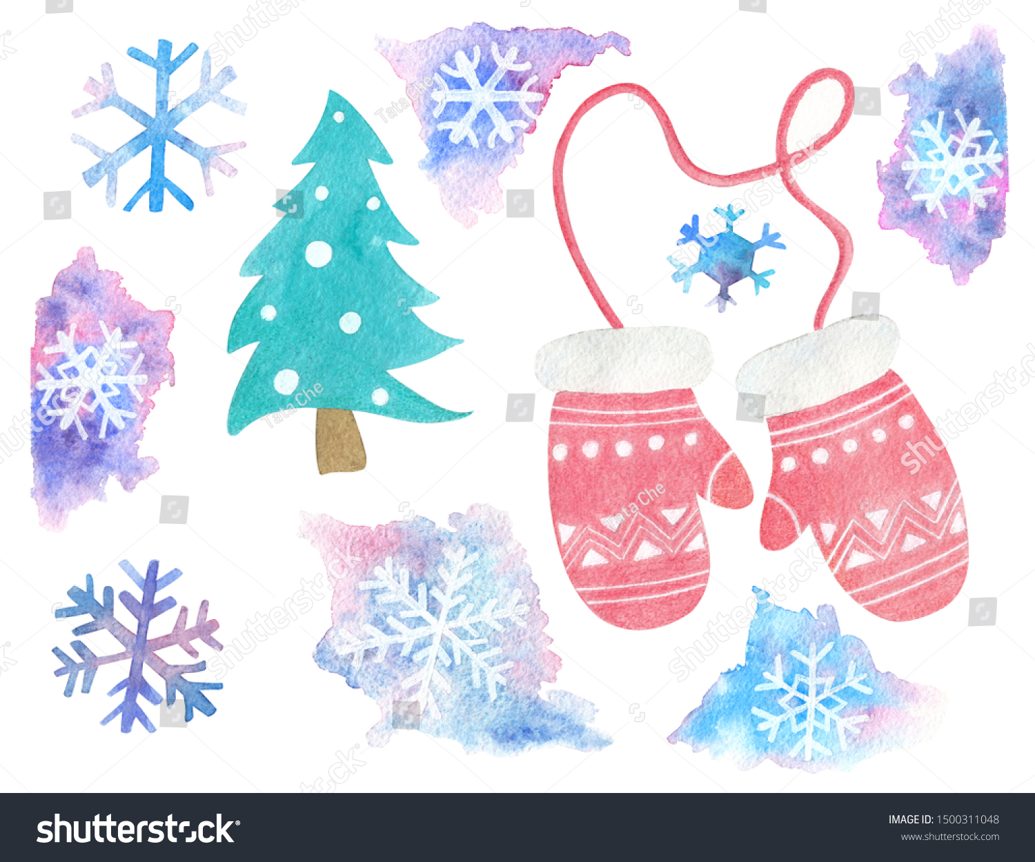 Set of watercolor elements on a winter theme: snowflakes tree mittens. For the design of holiday cards patterns packaging textiles